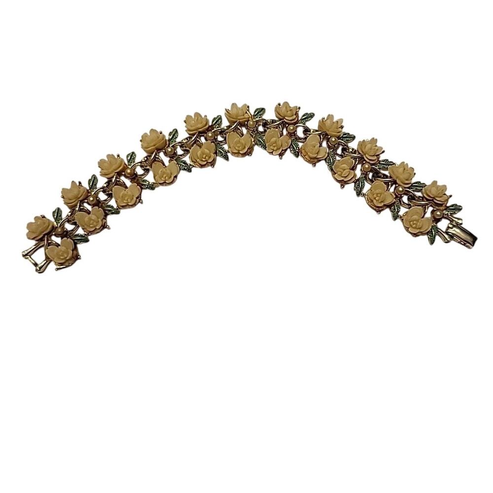 White Celluloid Roses With Green Leaves And Small Faux Pearls Bracelet